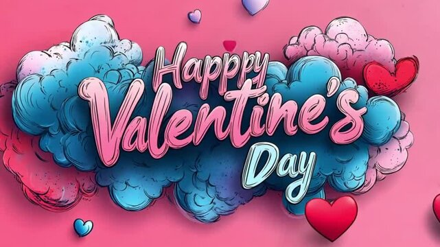Happy Valentine's Day graphic design, pink and blue clouds background, greeting card, digital art