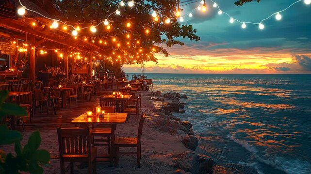 Cozy seaside restaurant with glowing string lights and ocean waves at sunset. Seamless looping 4K time-lapse animation video background