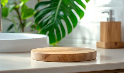 Displaying Wooden Product Podium in Bright Bathroom with Plant and Sink