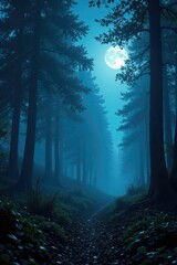 Shimmering silver mist envelops a moonlit forest, dark side, ethereal glow, mysterious