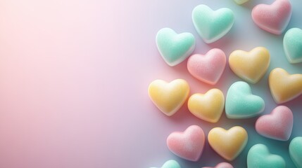Fototapeta premium Colorful Heart-Shaped Candy Arrangement on a Soft Gradient Background Capturing Sweetness and Delight