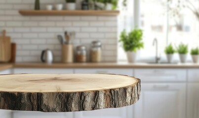 Wood Slice Tabletop in Bright Kitchen for Product Display or Mockup
