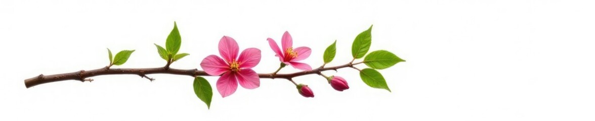 Fototapeta premium Single isolated branch with flowers on white background, green leaf, foliage