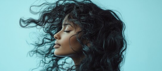 Obraz premium Beautiful woman with long, curly hair flowing in the wind, floating and swaying, looking at the camera in profile