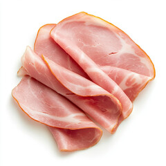 Delicately cut slices of ham arranged neatly on white background, showcasing their texture and color