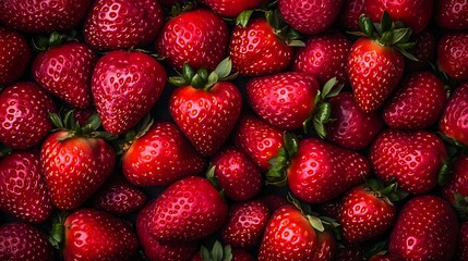 Fresh, red, ripe strawberries filling frame. Dark backdrop. Use recipe, advertising, healthy snack, ingredient