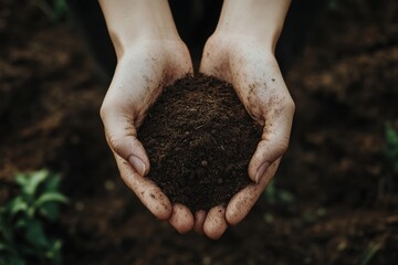 Hands holding rich dark soil, symbolizing connection to nature and agriculture