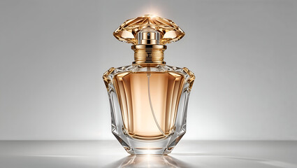 Perfume bottle with gold details on gray background top view