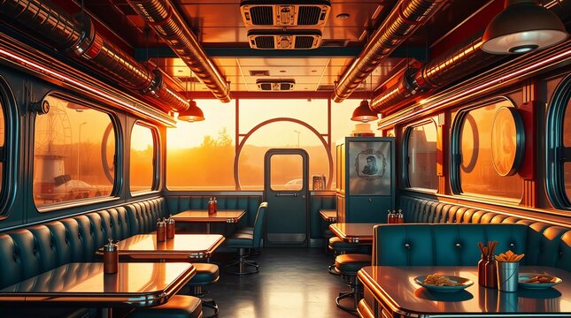 Dynamic Fusion of Past and Future in Retro-Futuristic Diner with Neon and Chrome Accents 16:9 ar Time Warp digital art

