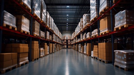 Fototapeta premium Interior View of a Large Warehouse with Rows of Cardboard Boxes on Red Metal Shelves