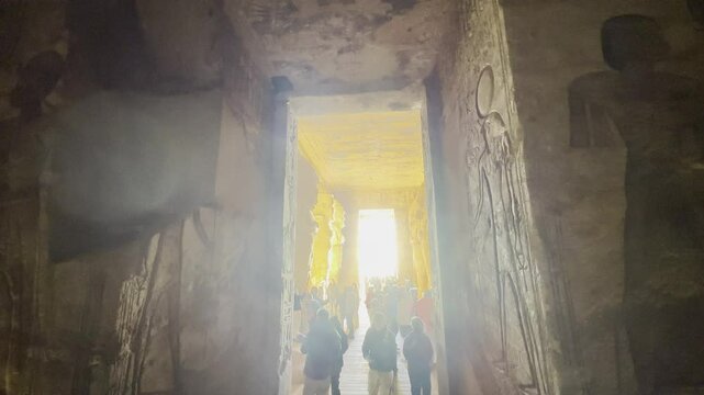 Experience the grandeur of the Interior of the Temple of Ramses in Abu Simbel, Egypt, by the Nile. Discover its intricate carvings and historical significance.