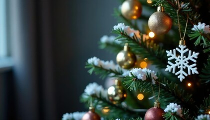 Fototapeta premium Snowflakes gently falling on a decorated Christmas tree, soft, holiday, gentle