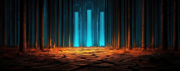 Climate Change drought idea. Mysterious forest with glowing pillars and a cracked ground, evoking a surreal atmosphere.