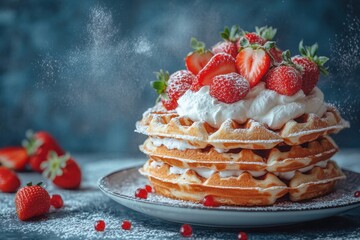 Delicious stack of waffles with fresh berries and cream