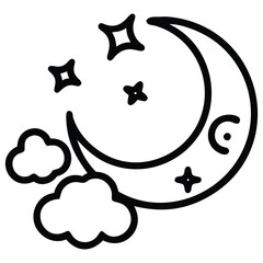 Moon and Stars, Cloudy Night Sky Weather Icon - Half Moon and Stars, Line Art Style