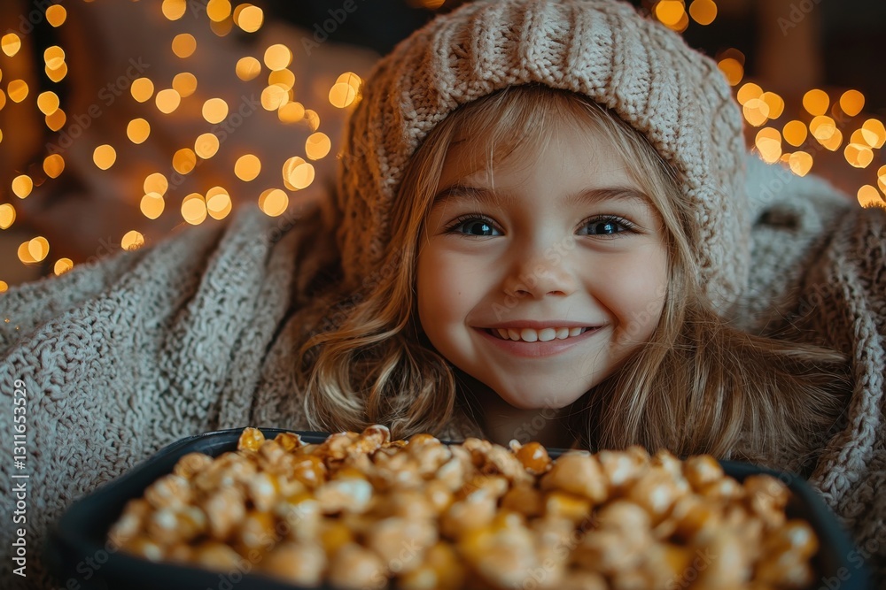 Poster smiling child wearing cozy hat enjoying popcorn at a festive gathering with warm lights in the backg