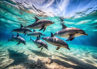 Obraz premium Tilt-Shift Photography: Dolphins Swimming Red Sea Egypt Hurghada Indo-Pacific Bottlenose Dolphins Sandy Bottom