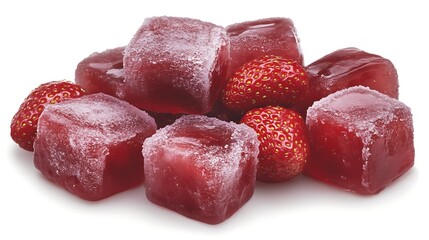 Frozen strawberry cubes near whole fruit preserving, white background. Use for beverage, dessert ads