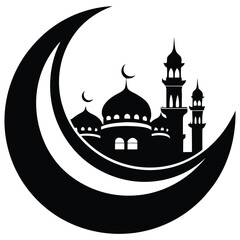 Moon with Mosque Laser Cutting Vector Silhouette, Black Islamic Crescent with Lanterns, Eid Mubarak Logo, and Religious Fasting Photo Frame Design