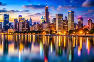 Fototapeta premium Tilt-Shift Timelapse: Chicago Skyline Day to Night, City Lights Reflecting on Lake Michigan