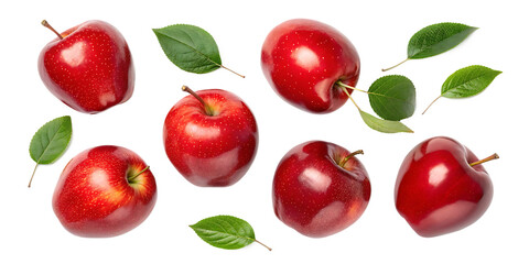 Fototapeta premium Red Apples with Green Leaves - Isolated on White Background - Transparent PNG - AI Generated