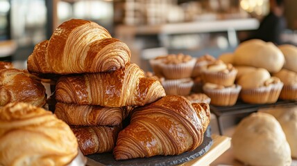 Delicious assortment of freshly baked croissants and muffins displayed on a charming bakery counter.