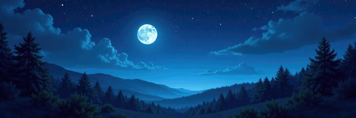 Starry night sky shines above a peaceful moonlit forest scene, forest, stars