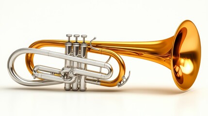 Obraz premium Two lustrous brass and silver trumpets arranged together on a white background