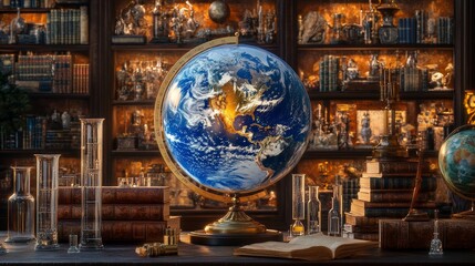 Naklejka premium A nostalgic library scene showcasing vintage books, a globe, and scientific devices on a wooden desk