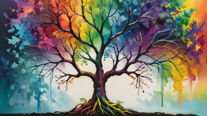 Obraz premium Colorful tree with vivid rainbow leaves, symbolizing growth and charity, artistic background, copy space