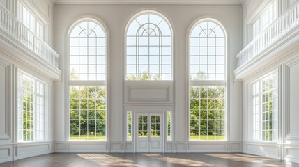 Fototapeta premium An elegantly sunlit, unoccupied room showcasing large windows and parquet flooring in a classic design