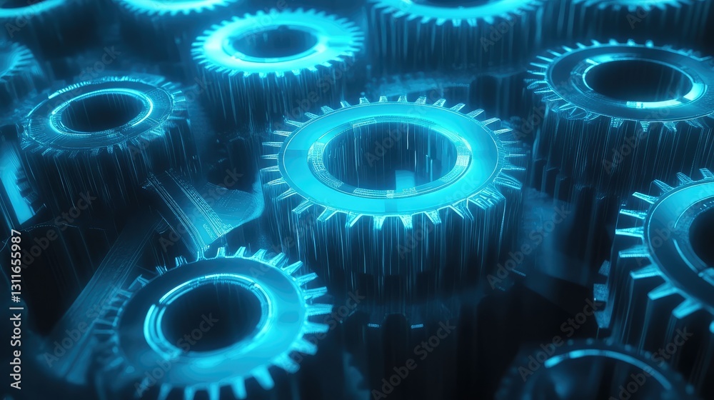 Poster abstract background with interlocking digital gears in a glowing blue tech pattern, creating a futur
