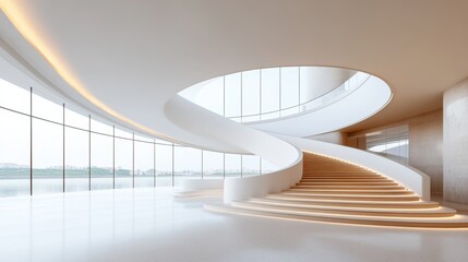 A sleek, modern interior featuring a curved staircase and expansive windows offering an ocean view