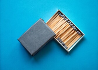 Top View Grey Matchbox and Matches on Blue Background - Minimalist Flatlay Stock Photo
