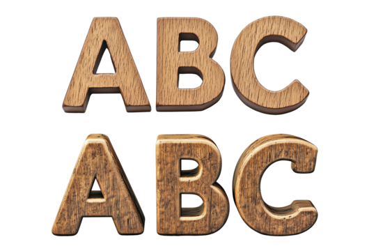 set of Wooden alphabet blocks spelling ABC against a white or transparent background