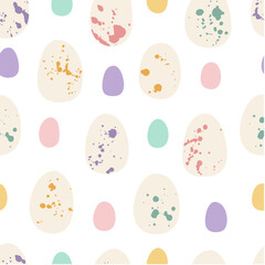 Easter seamless pattern with cute eggs on white background. Spring pattern for banner, wallpaper, packaging, textiles design. Vector illustration