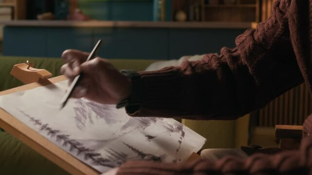 Cropped shot of unrecognizable male creator drawing landscape on paper suing pencil at home studio