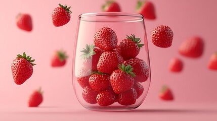 Strawberries fall into glass. Pink background, use menu, recipe, food blog, store ads