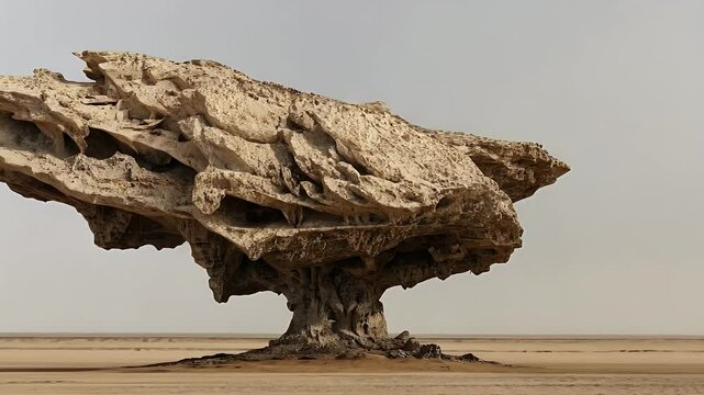 A massive rock formation resembling a tree stands alone in a barren landscape, showcasing natural beauty and geological wonder.