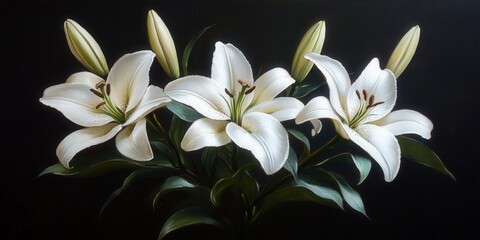 Fototapeta premium Vividly painted white lilies emerge from a deep black canvas, their delicate petals and vivid stamens rendered in exquisite detail and rich hues. Each bloom exudes realism and elegance