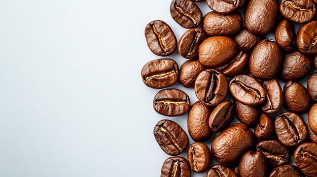 Roasted coffee beans, fresh and aromatic, scattered on a white background in closeup