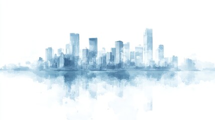 Fototapeta premium Cityscape watercolor painting, urban skyline reflection, modern buildings, background white, website banner
