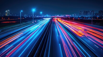 colorful long exposure picture of glowing trafffic light on curve road from full speed car. 