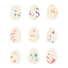 Collection Easter eggs with colorful textures and spots isolated on white background. Set cute quail eggs for festive design. Vector illustration
