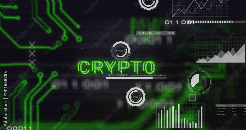 Poster digital graphs and data processing animation over green crypto text