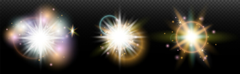 Set of flash light effect with glare and glow on a transparent background. Magic, rainbow glow, shining light, stars, optical flares for design, photomontage, New Year and holiday projects.
