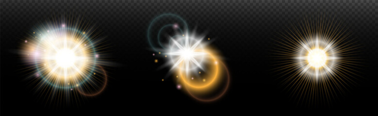 Set of flash light effect with glare and glow on a transparent background. Magic, rainbow glow, shining light, stars, optical flares for design, photomontage, New Year and holiday projects.