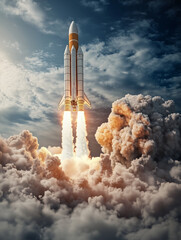 Rocket launching from earth through clouds