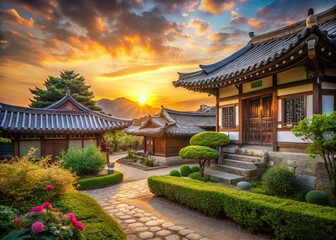 Fototapeta premium Traditional Korean Hanok House at Sunset, Rule of Thirds Composition