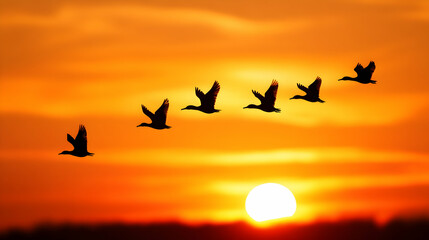 Obraz premium Flock of Birds Flying Against a Vibrant Sunset Sky